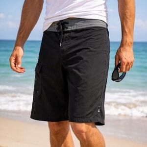 Rip Curl Black Gray Board Shorts 28 Surf Swim Lace-Up Cargo Beach Coastal Resort